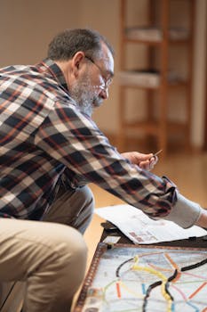 A senior adult man with eyeglasses playing a board game in a cozy home setting.