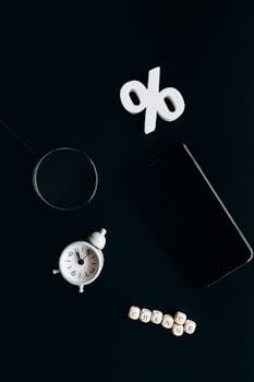 Stylish composition of clock, symbols, and text representing financial change on a dark background.